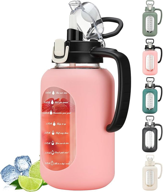 64 oz Glass Water Bottle with Handle and Straw Large 2L Water Bottle with Time Markers and Silicone Sleeve Half Gallon Water Jug BPA Free for Gym Daily Use