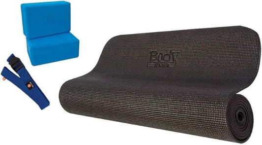 Body Sport 4-Piece Yoga Kit, (1) 72 in. x 1/4 in. Fitness Mat, (2) Blue Blocks, (1) 8 ft. Exercise Strap - Beginner Set for Home Fitness & Gym Workouts