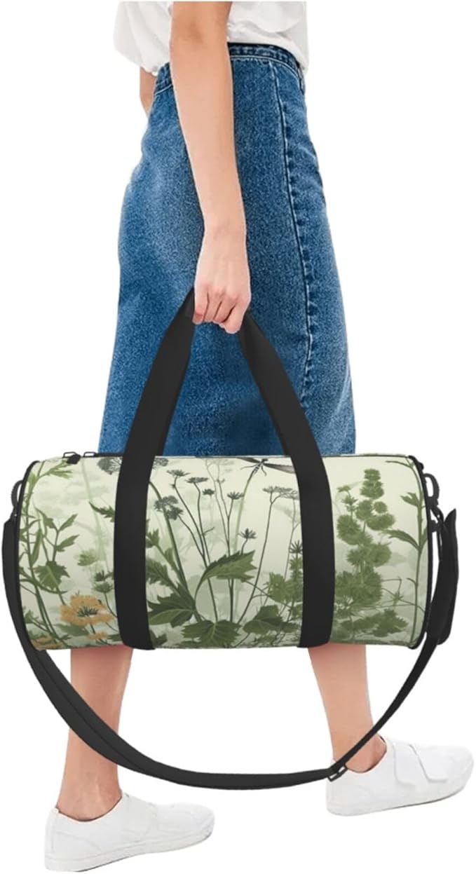 Sports Gym Bag for Women Men Travel Duffel Bag Tote Weekender Bag Carry on Overnight Bag for Travel Swimming Fitness Workout Sports Foliage and Herbs with Dragonflies Winged Duffle Bag