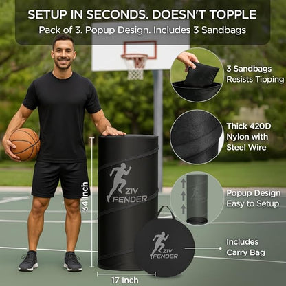 Pop Up Defender Soccer and Basketball Defender Dummy Practice Equipment for Defence Training Drills with Pack of 3 Pop Up Barrels Sand Bags and Carry Bag Color Black