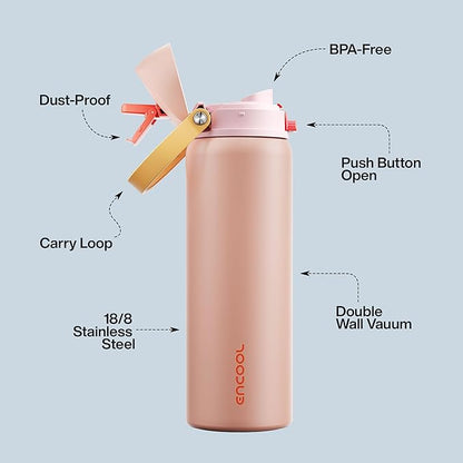 Insulated Water Bottle with Straw - Encool Stainless Steel Water Bottle with Push Button Lid, Leak-Proof & BPA-Free, Keeps Cold for 24 Hours for Sports, Travel, Gym (32 oz, Pink Daisy-Red)
