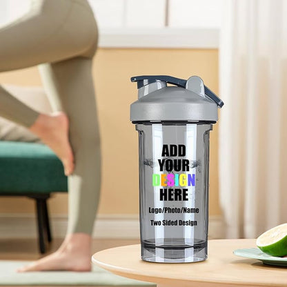 18 Oz Shaker Bottles for Gym, Custom Shaker Bottles with Your Name Photo, Customized Shaker Bottle with Logo for Indoor/Outdoor Workout, Gray