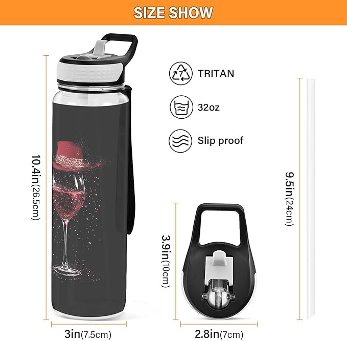 Fustylead Elegant Wine Glass with Red Hat 32 oz Water Bottle with Straw, Leakproof Clear Sport Bottles for Women Men Outdoor Sport Drinking