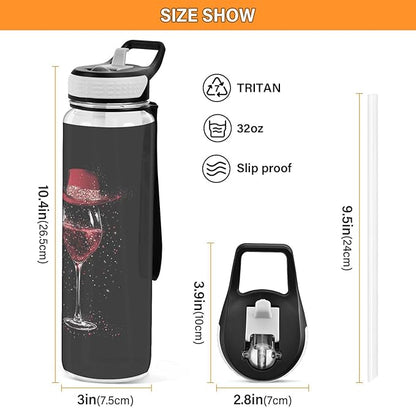Fustylead Elegant Wine Glass with Red Hat 32 oz Water Bottle with Straw, Leakproof Clear Sport Bottles for Women Men Outdoor Sport Drinking