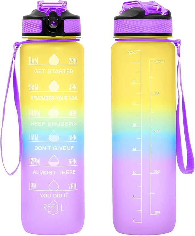 32 oz Motivational Water Bottle with Time Marker,Water Bottles with Times to Drink and Straw with Carrying Strap,Perfect For Fitness Gym Outdoor,BPA Free (Colorful)
