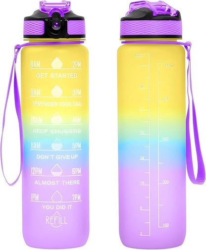 32 oz Motivational Water Bottle with Time Marker,Water Bottles with Times to Drink and Straw with Carrying Strap,Perfect For Fitness Gym Outdoor,BPA Free (Colorful)