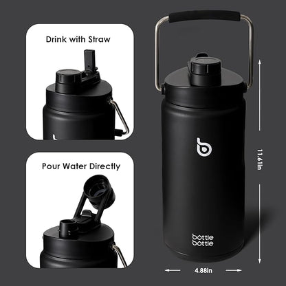 BOTTLE BOTTLE Insulated Water Bottle 64 oz with Straw and Dual-use Lid Half Gallon Water Jug Vacuum Stainless Steel for Workout and Sports Insulated Beer Growler with Handle Dark black