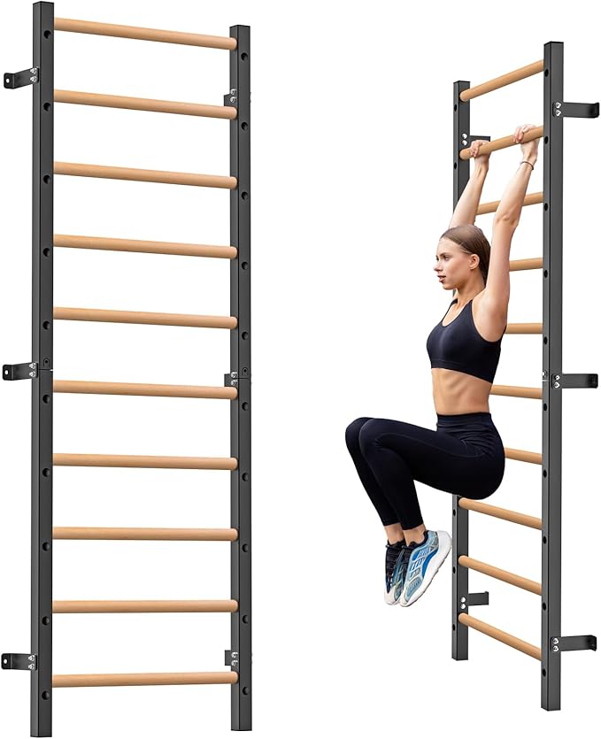 Kipika Gymnastic Wood Stall Bar - 2"x2" Swedish Ladder with 1" Hole, Wall Mounted Ladder Suspension Trainer, Solid Wood Grips Gymnastics Training Bar for Home, Wall Gym, School & Clinics
