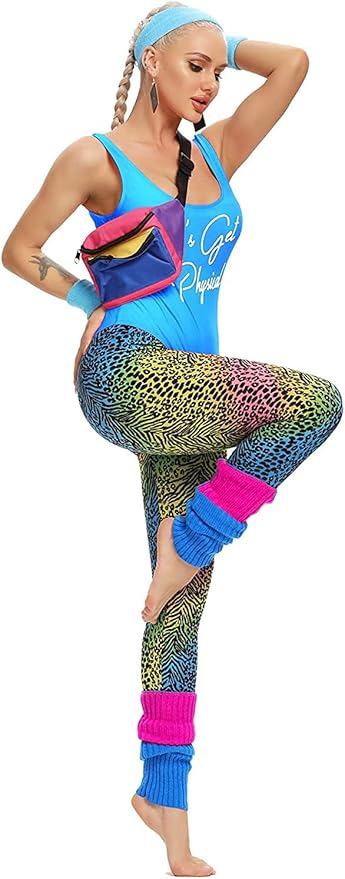 MIAIULIA Womens 80s Workout Costume Outfit 80s Accessories Set Leotard Neon Legging Headband Wristbands Set