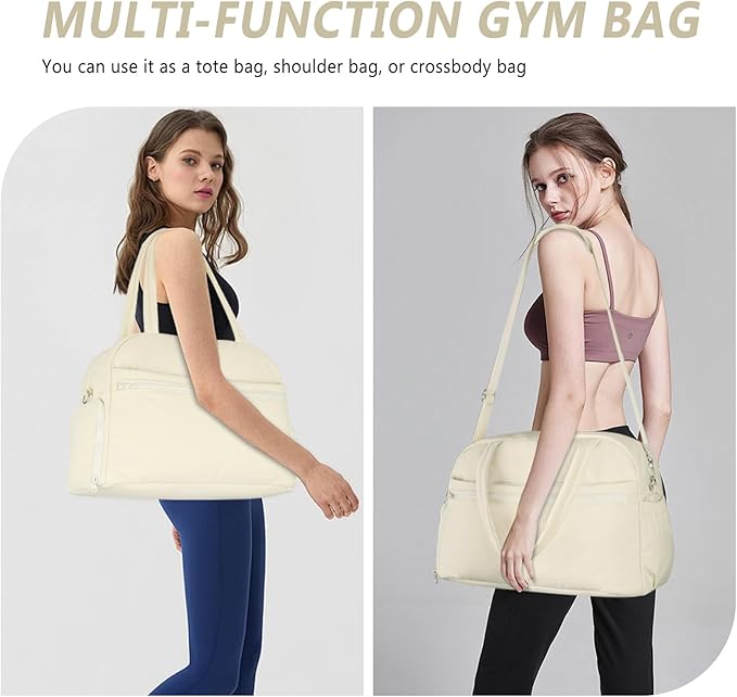 Sports Gym Bag for Women, Lightweight Travel Duffle Bags with Shoe Compartment & Wet Pocket, Weekender Overnight Bag Fitness Workout Bag with Toiletry Bag (Beige)