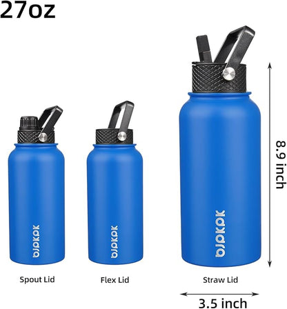 BJPKPK Insulated Water Bottles with Straw Lid, 27oz Stainless Steel Water Bottle with 3 Lids, Leak Proof BPA Free Metal Thermos Mug, Sports Water Bottle Keep Cold & Hot- Sapphire (Pack of 5)