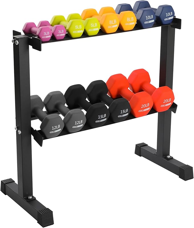 HolaHatha 146 Pound Neoprene Coated Non Slip Dumbbells with Rack for Strength Training, Includes 3, 5, 8, 10, 12, 15, & 20 Pound Sets, Multicolor