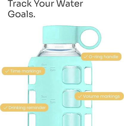 purifyou 40oz / 32oz / 22oz / 12oz Borosilicate Glass Water Bottle with Time & Volume Markers, Silicone Sleeve, Stainless Steel Lid | Reusable Glass Bottle for Water & Juice (32oz Glow-in-the-Dark)