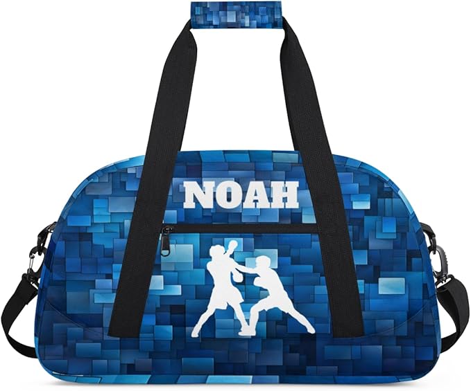 Custom Named Sports Bag for Boys, Personalized Gym Bag Sports Travel Duffle Bag Tote Carry On Weekend Sports Travel Workout Bag, White Boxing Silhouette Blue Geometric Background