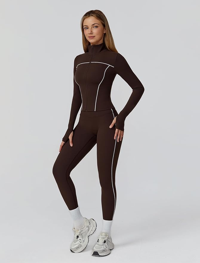 Womens workout sets Contrast Long Sleeve Jacket with Sports Bra and Butt-lifting Pants Yoga Outfits 3 Pieces Set