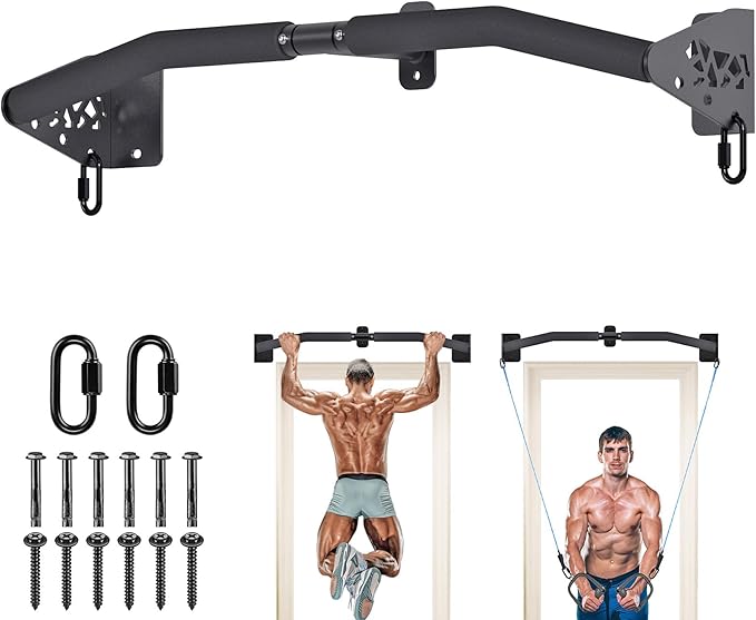 SELEWARE Heavy Duty Wall Mount Pull Up Bar, Joist Mount Chin Up Bar for Doorway, Sturdy Steel Construction, w/Resistance Band Hooks, Fits 32"/36" Wall Studs for Home Gym Strength Training