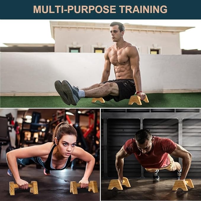 flintronic Wooden Parallettes, Fitness Push Up Bars, Solid Wood Parallettes Bars with Non-Slip Mat, Handstand Bar Push Up, Wrist Straps, for Home Workout Equipment for Strength Training, Gymnastics