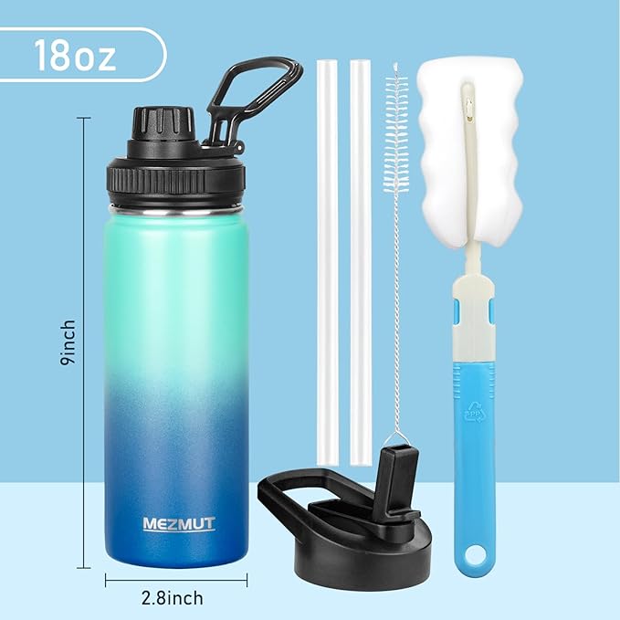 MEZMUT 18oz Insulated Water Bottle with Straw&2 Lids Stainless Steel Water Bottles Kids Metal Thermos Water Bottle Cup for School Vacuum Insulated Bottles Leak-Proof Travel Cup (Gradient Blue)