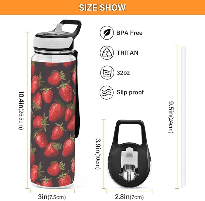 ALAZA Strawberry on Black Sports Water Bottle with Straw Tritan Drink Bottle 32 oz BPA Free Reusable for Travel Outdoor Fitness