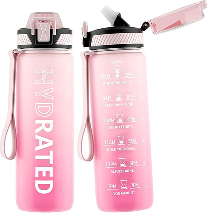 Water Bottle with Straw, 27oz Motivational Water Bottles with Time Marker to Drink, Tritan BPA Free, 750ml Sports Water Bottle with Carry Strap LeakProof for School Fitness Outdoor (1Pack)