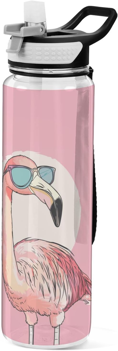 Fustylead Pink Flamingo Wearing Sunglasses 32 oz BPA-Free Water Bottle with Straw, Leak-Proof Sport Bottle for Fitness, Gym, Camping, Outdoor Sports