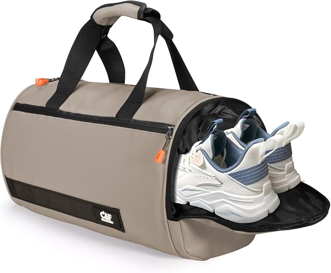 C&F BOGMOST Small Gym Bag for Women & Men,Small Lightweight Duffel Bag Carry On Bags Mini Duffel Travel Bag Waterproof Sports Bags for Workout/Sport/Travel, Khaki,with Shoes Compartment