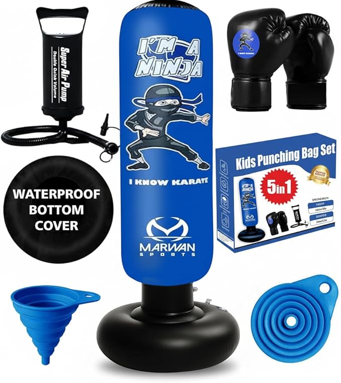 Marwan Sports Punching Bag for Kids with Boxing Gloves Ages 4-12 – 63" Inflatable Boxing Bag for Kids, Fast Rebound Set, Christmas & Birthday Gift for Boys & Girls