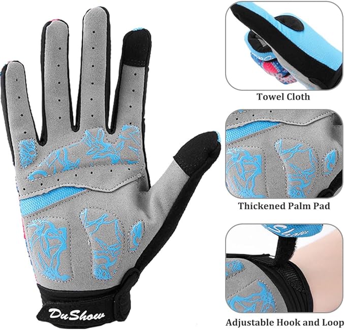 DuShow Bike Gloves for Women Cycling,Pink Floral Workout Gloves Women,Full Finger Biking Driving Riding Gloves for Women,Gel Padded Touch Screen Gym Gloves