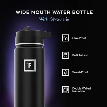 IRON °FLASK Camping & Hiking Hydration Flask with Straw, Wide Mouth Insulated Stainless Steel Sports Water Bottle - 40 oz Midnight Black