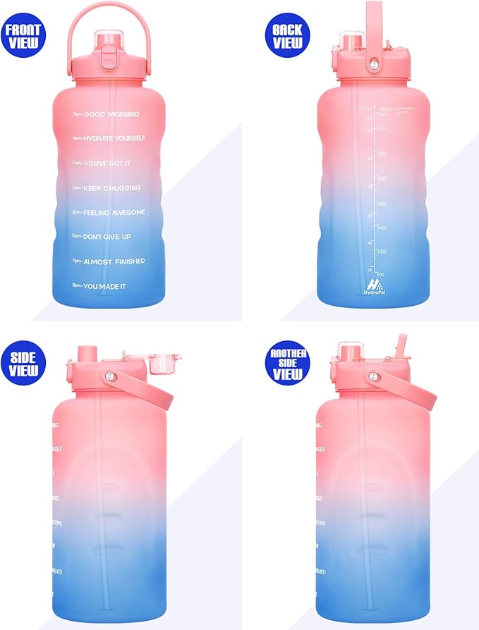 HydroPal 1 Gallon Water Bottles with Straw, 128 oz Water Bottle BPA Free Innovative 2-IN-1 Lid Gym Bottle with Times to Drink Motivational, Large for Sports Fitness Camping Water Jug （13.8X5.5 inch）