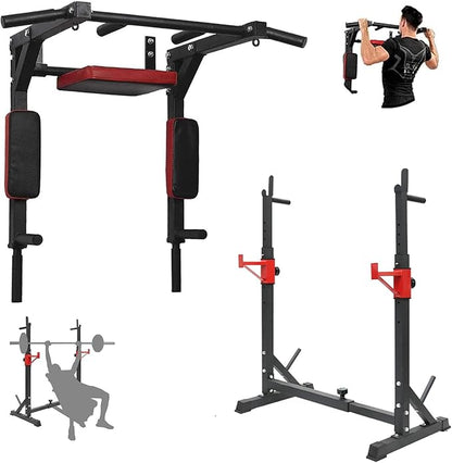 PLKO Wall Mount Pull Up Bar and Multi-Function Squat Press Barbell Rack Stand set，Wall Mounted Body Press Pull Up Bar Gym Chin-Up for Upper Body Workout,Fitness Exercise Equipment Home Gym