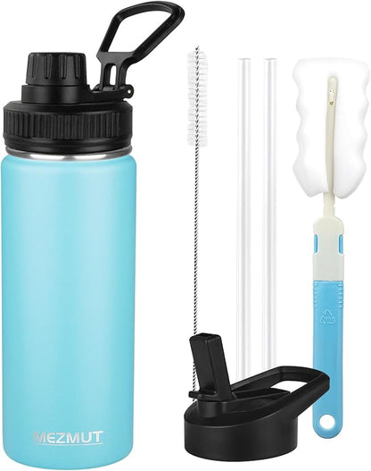Insulated Water Bottle 18oz Stainless Steel Water Bottles with Straw&2 Lids, Kids Metal Water Bottle Cup for School, Vacuum Insulated Bottles Leak-Proof Travel Cup, Blue