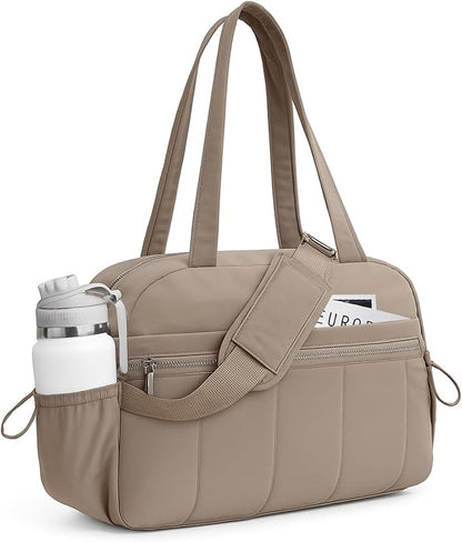 Travel Duffle Gym Bag for Women, Lightweight Puffer Carry on Weekender Bags with Wet Pocket Tote Yoga Workout Bag (Camel)