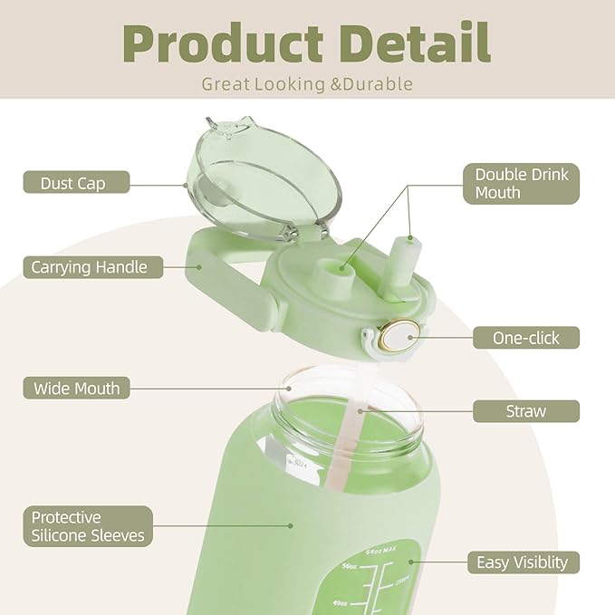 SIEROZUR 64 oz Glass Water Bottle with Straw and Handle Lid Half Gallon Motivational Glass Bottle with Silicone Sleeve and Time Marker Large Reusable Sports Water Jug for Gym Home Workout