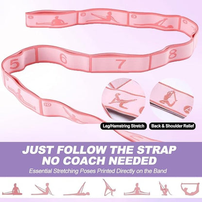 2-in-1 Fabric Resistance Bands Set & Numbered Elastic Stretching Strap - Non-Slip Glute Bands for Women, 12-Loop Stretch Workout Band with Visual Guide for Flexibility, Yoga, Rehab