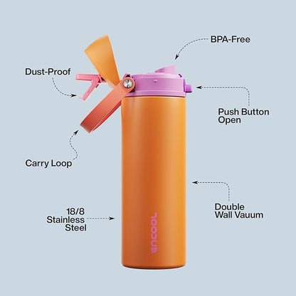 Insulated Water Bottle with Straw - Encool Stainless Steel Water Bottle with Push Button Lid, Leak-Proof & BPA-Free, Keeps Cold for 24 Hours for Sports, Travel, Gym (24 oz, Tiger Eye)