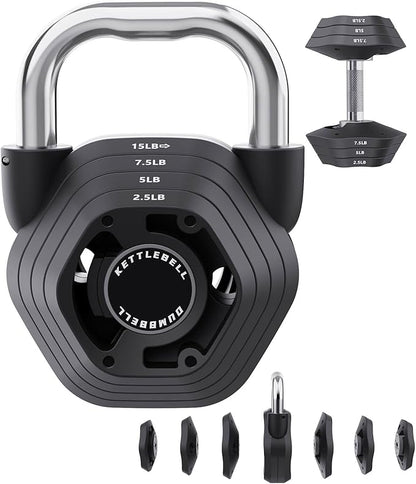 2-in-1 Adjustable Kettlebell, 15-45LB Kettlebells Weight Set for Strength Training, 5.9-30.9LB Adjustable Weights Dumbbell for Home Gym Full Body Workout