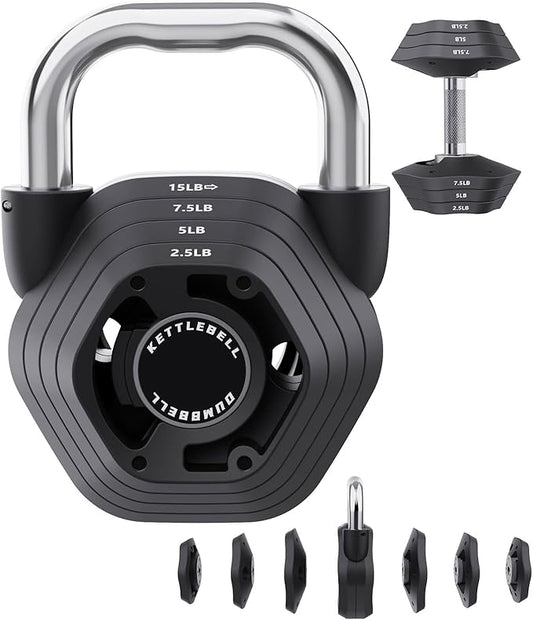 2-in-1 Adjustable Kettlebell, 15-45LB Kettlebells Weight Set for Strength Training, 5.9-30.9LB Adjustable Weights Dumbbell for Home Gym Full Body Workout