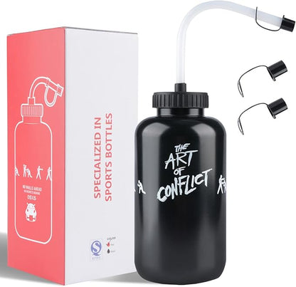 SHOKE Long Straw Water Bottle Hockey Boxing 1 Liter Water Bottle Football BPA Free Squeeze Leak Proof Sports Water Bottles for Baseball Lacrosse Cycling Sport Large Capacity 32 Oz/1 Liter-Black