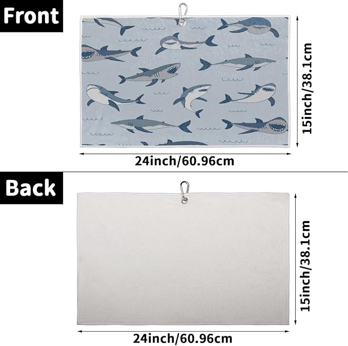 Golf Towel Ocean Sea Shark Pattern,Golf Towel for Bag Quick Dry Microfiber Golf Accessories for Yoga,Gym,Workout,Fitness,15" x 24"
