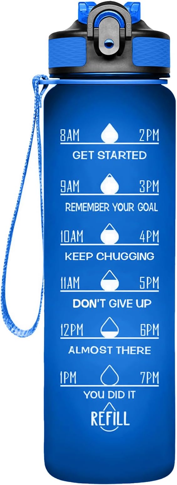 Frosted 32 oz BPA Free Sports Water Bottle with Time Marker, Small Mouth, Leakproof, Modern Style, Blue, Reusable, 900ml, Hiking, Cycling, Running, Gym Fitness, Camping, School, Work, Home