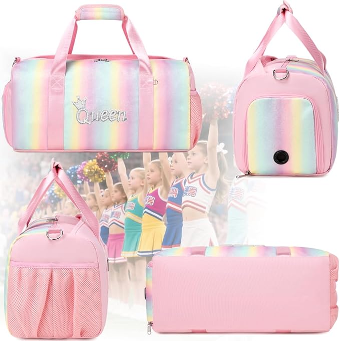 Dance Duffle Bag for Girls Shiny Rainbow Glitter Sports Gym Bag for Girls Weekender Overnight Sleepover Travel Duffel with Shoes Compartment