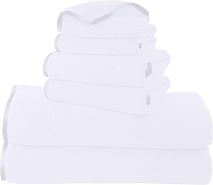 TENSTARS Luxury Silk Hemming Towel Set - Light Thin Quick Drying - 2 Bath Towels 2 Hand Towels 2 Washcloths - Ultra Soft Microfiber Towel for Bath Fitness, Sports, Yoga, Travel (White 6 Pieces)