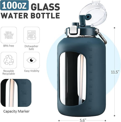 BLUEGO 100 oz Glass Water Bottle with Straw, Huge 3 Liter Water Bottle with Sturdy Handle, Glass Water Jug with Sleeve, Wide Mouth Water Container with Time Marker, Dark Blue