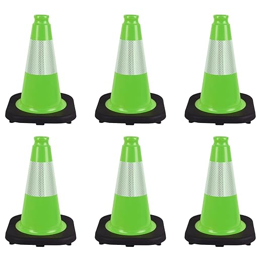 6 Pack 12 Inch Green Traffic Cones with Reflective Tape, Black Base Sport Training Cones for Soccer, Agility Drills, Driveway Safety and Marking (6, Green, 12 Inch)