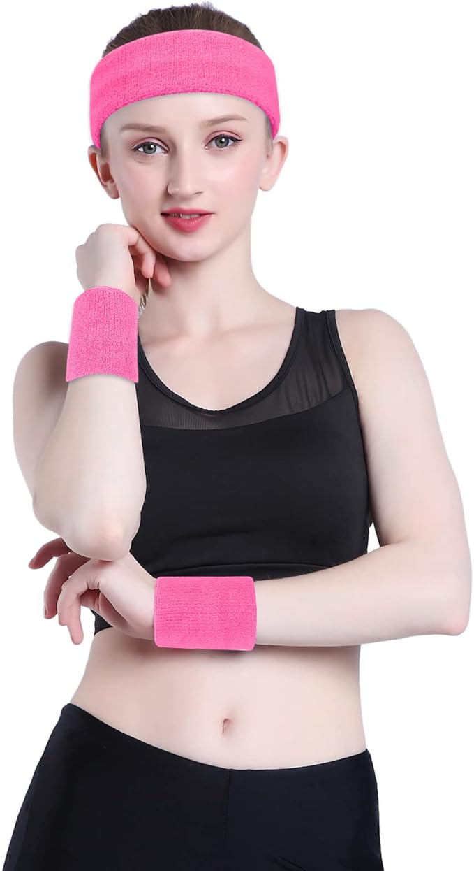 ONUPGO Sweatband Set Sports Headband Wristband Set Sweatbands Terry Cloth Wristband Wrist Sweatband Headbands Moisture Wicking Sweat Absorbing Head Band
