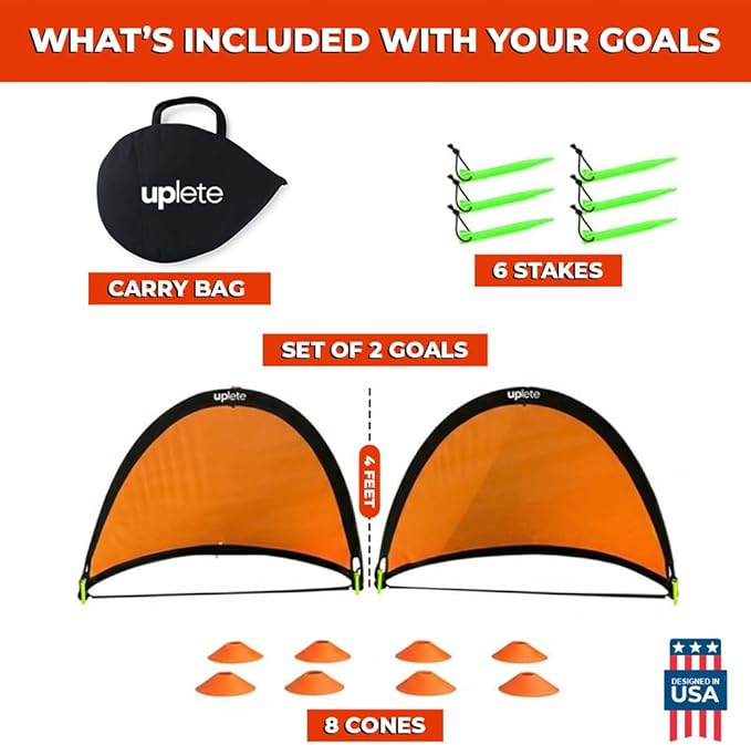 4ft Pop-Up Portable Soccer Goals - Set of 2 Training Goals for Kids & Adults with Carrying Case, 8 Agility Cones - Lightweight, Quick-Setup Practice Net for Backyard Park
