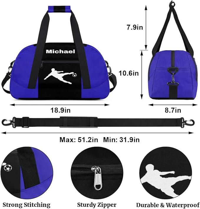 Custom Sports Soccer Bag for Boys, Personalized Sports Gym Duffle Bag Name Ranked Gym Cheer Playing Soccer Swimming Training Bag Travel Duffel with Name, Royal Blue and Black