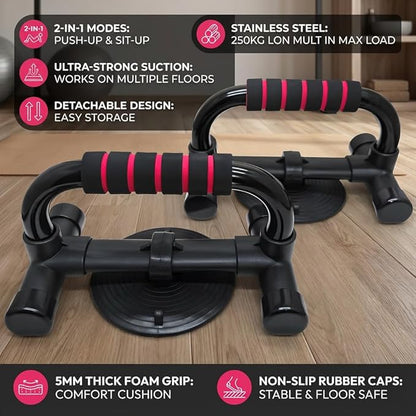 Push Up Stand with Suction Cup Base for Ultimate Anti-Slip Stability, Home Gym Equipment for Men & Women, Chest Workout with Comfort Foam Grips