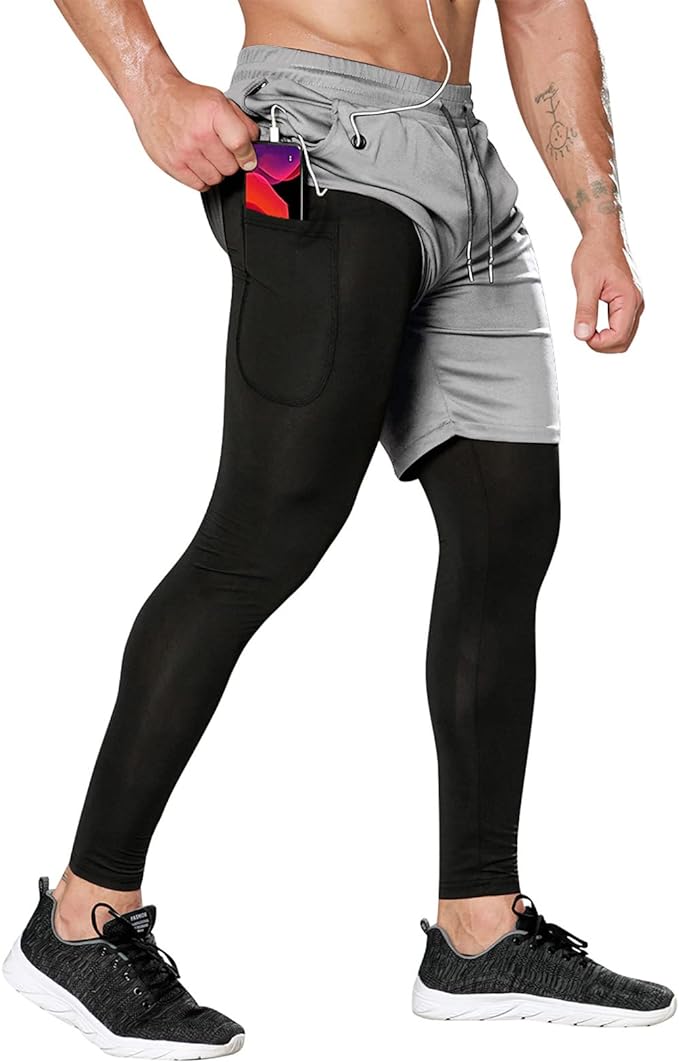 OEBLD Mens 2 in 1 Athletic Running Pants Quick Dry Gym Workout Shorts for Men Compression Pants with Pockets